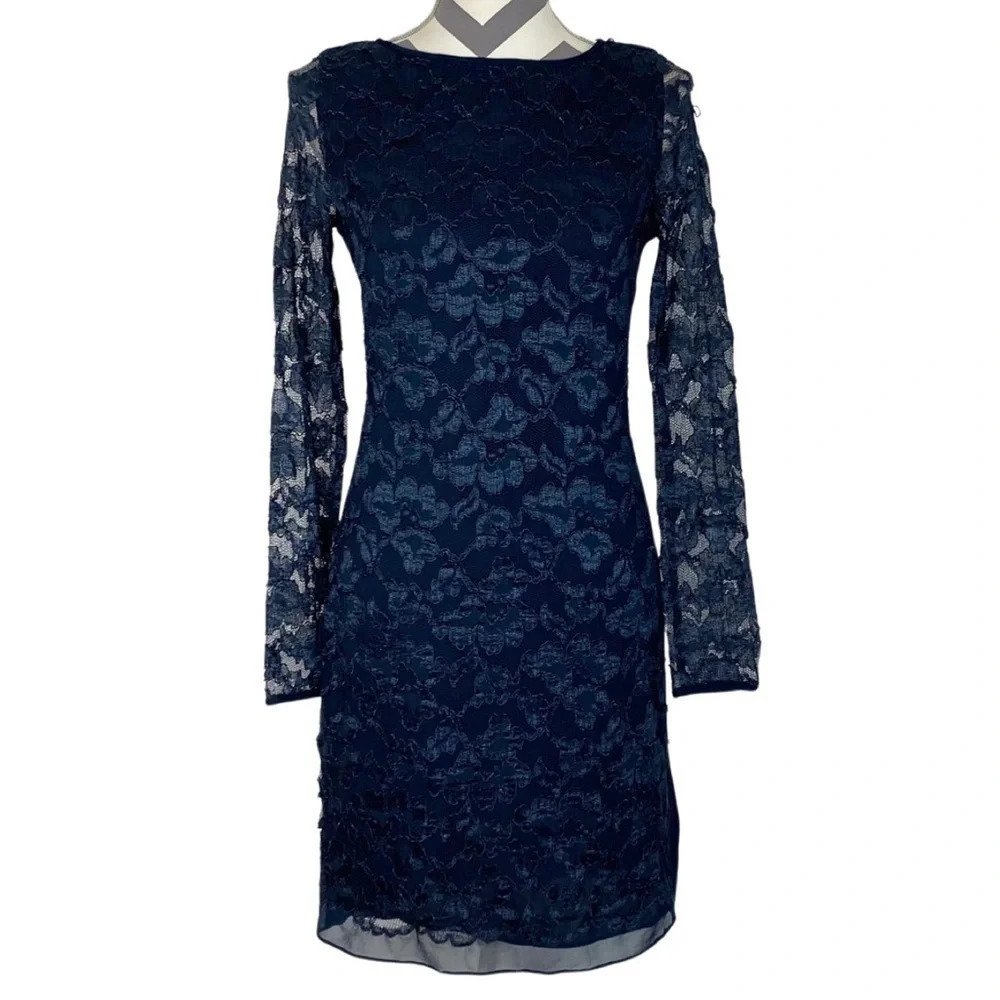DVF Diane Von Furstenberg New Zarita Lace Dress Size Small Long Sleeve Navy Blue